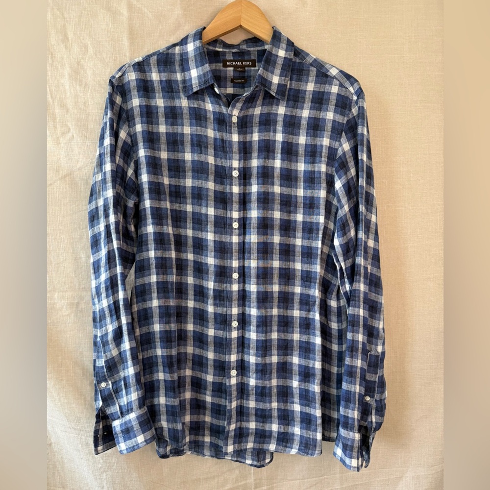 Michael Kors Blue Checkered Button Down Shirt - Size M | 100% linen